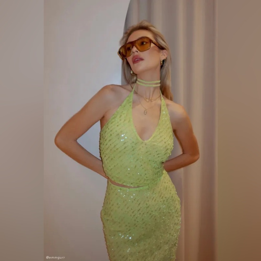 Meshki Lime Green Sequin Midi Dress